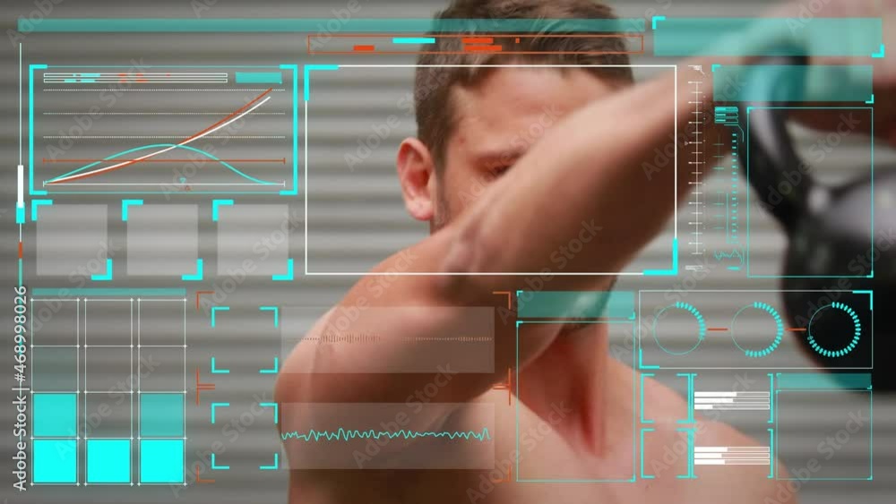 Poster animation of data processing on screens over caucasian man exercising