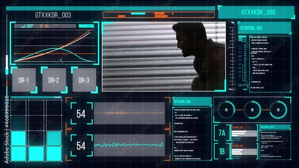 Poster animation of data processing on screens over man exercising