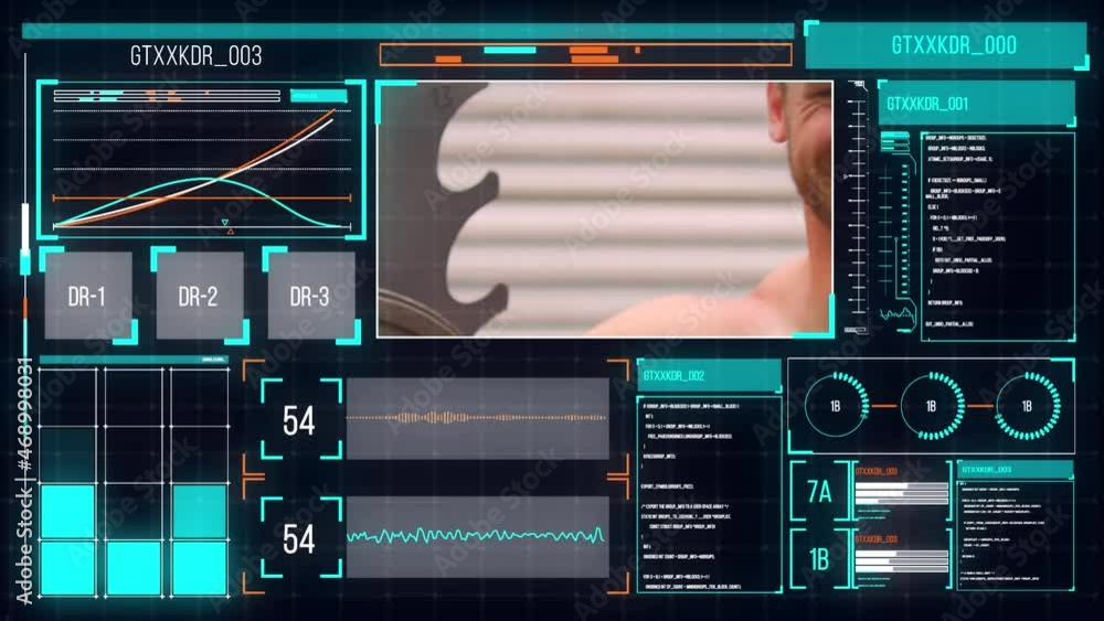 Poster animation of screen with data processing over caucasian man exercising in gym