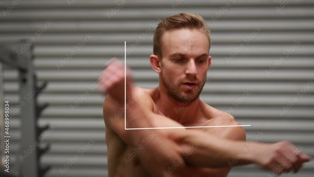 Poster animation of statistics processing over caucasian man exercising in gym