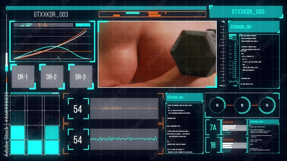 Poster animation of data processing on screen over caucasian man exercising