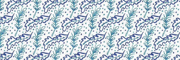 Aegean teal floral border strip linen texture background. Summer coastal living style home decor fabric effect. Sea green washy flower edge material. Decorative textile seamless pattern banner trim. 