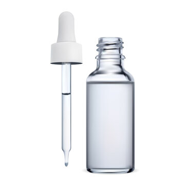 Serum bottle. Collagen essence dropper bottle design. Face therapy treatment with glass pipette, q10 enzyme solution on white background. Blue glass droplet bottle, essential oil brand