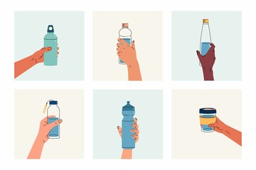 Set of reusable containers for liquids in hands. Various poses of hands holding a bottle, tumbler, sports water bottle in square. Use your own bottle. Outline color trendy vector illustration.