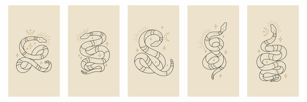 Vector outline snakes set of mystical magic objects- moon and stars. Celestial magic line serpents in trendy style. Spiritual occultism symbols, esoteric objects.