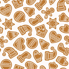 seamless pattern of cute Christmas cookies with icing, gingerbread