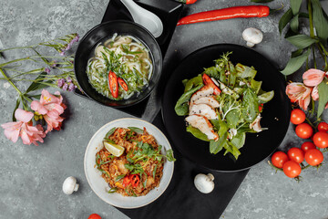 Three-course set menu for a nutritious healthy lunch in a restaurant, Three course set on a table in a business lunch, food set lunch