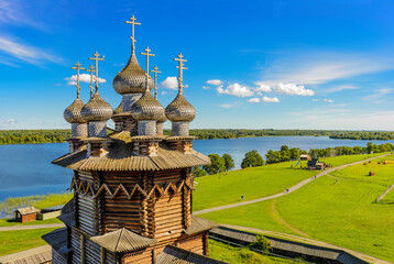 View of Kizhi Island from the bell tower. In the foreground Orthodox Church of the Intercession of...