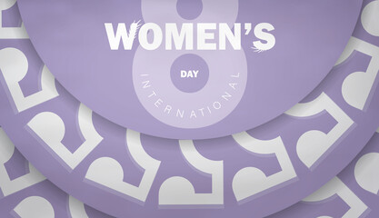 Greeting card for 8 march international womens day in purple color with abstract white pattern