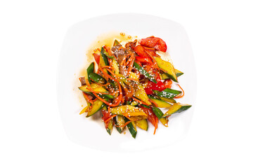 Oriental Salad with tomato, cucumber, sesame, pepper, soy sauce  