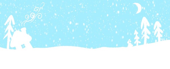 A simple raster illustration. Christmas trees, a house, snow on a blue background. Winter banner.