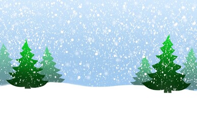 Simple illustration, green Christmas trees on a blue background, snowfall. Winter illustration.