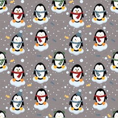 Seamless pattern with funny penguins. Digital illustration. The illustration is hand-drawn with vivid lines. Design for fabric, clothing, paper and other objects.