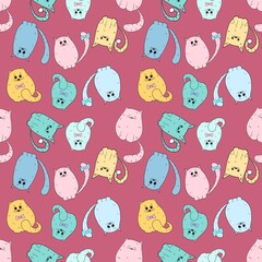 Seamless pattern with funny multicolored cats. Design for clothing fabric and other items.