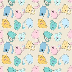 Seamless pattern with funny multicolored cats. Design for clothing fabric and other items.