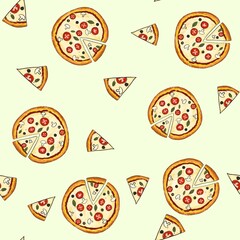 Seamless pattern with pizza slices . Design for clothing fabric and other items.