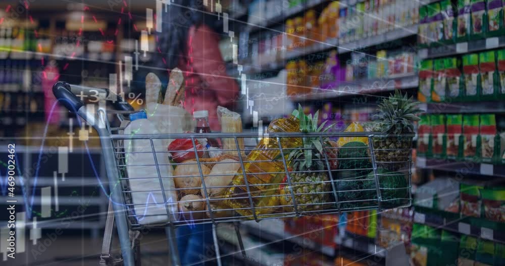 Poster animation of statistics and financial data processing over shopping trolley