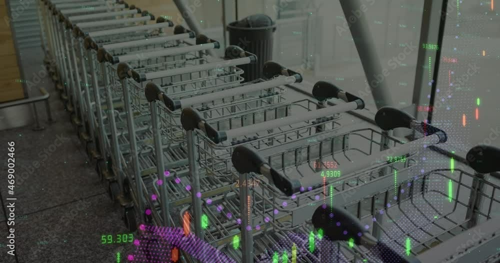 Poster animation of statistics and financial data processing over shopping trolleys
