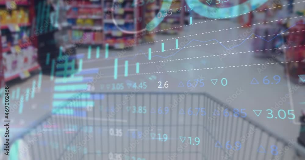 Poster animation of statistics and financial data processing over empty shopping trolley