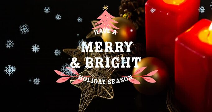Animation of seasonal greetings text in white with christmas tree, candles and decorations