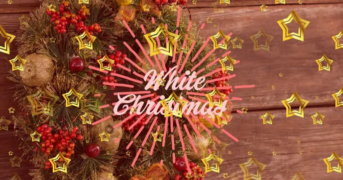 Animation of white christmas text and falling gold stars over christmas decorations