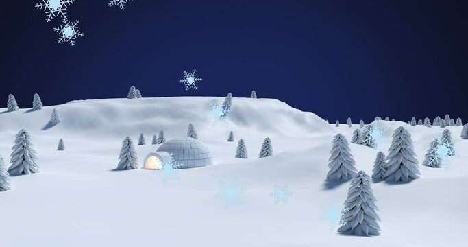 Animation of christmas snowflakes falling over glowing igloo in snow covered landscape