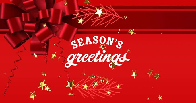 Animation of season's greetings text in white and falling gold stars over red christmas decorations
