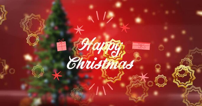 Animation of happy christmas text in white, with gold stars over christmas tree on red background
