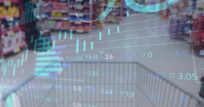 Animation of statistics and financial data processing over empty shopping trolley