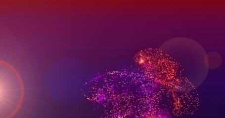 Animation of pink and red particle cloud and red light moving on purple background