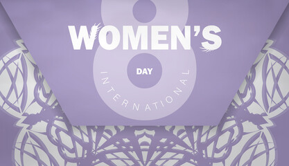 Greeting card template 8 march international womens day purple color with vintage white ornament