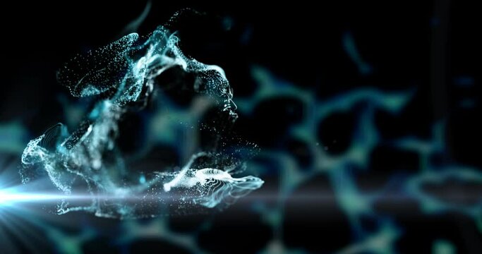 Animation of white and blue particle cloud moving on black background