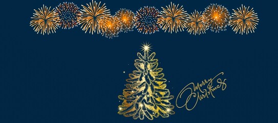 Fototapeta na wymiar Blue christmas card with christmas tree and fireworks 
