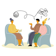 A man and a woman at a psychologist's appointment. Relationship crisis, conflicts and problems. Vector stock illustration. 