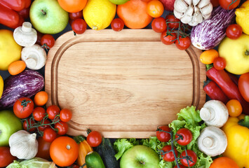 Fresh ripe colorful fruits and vegetables from market, summer farm harvest background