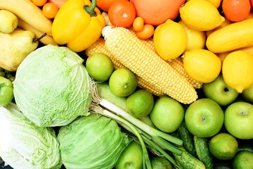 Fresh ripe colorful fruits and vegetables from market, summer farm harvest background