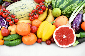 Fresh ripe colorful fruits and vegetables from market, summer farm harvest background
