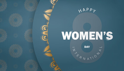 Holiday card 8 March in Blue with winter gold ornaments