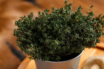 a large bunch of thyme in an iron bucket on a brown background
