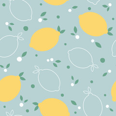 Lemon seamless pattern with fruits and leaves. Vector illustration. It can be used for wallpapers, cards, wrapping, patterns for clothes and other.