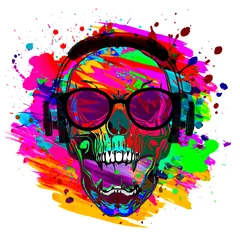 Poster Colored skull with earphones in eyeglasses with creative abstract colorful spots elements on white background © reznik_val