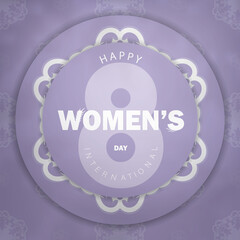 Holiday card 8 march international womens day purple color with winter white ornament