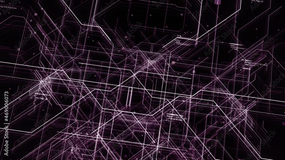 Poster abstract ultraviolet glowing tunnel with flying lines of code, seamless loop. animation. flying thro