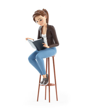 3d cartoon woman reading book on stool