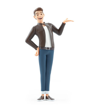 3d cartoon man showing something with his hand