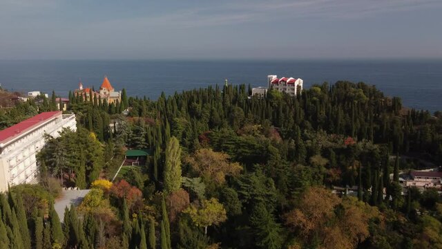 Top view of the area around the palace of Princess Gagarina in Alushta, Crimea. Autumn nature of the Crimean peninsula.