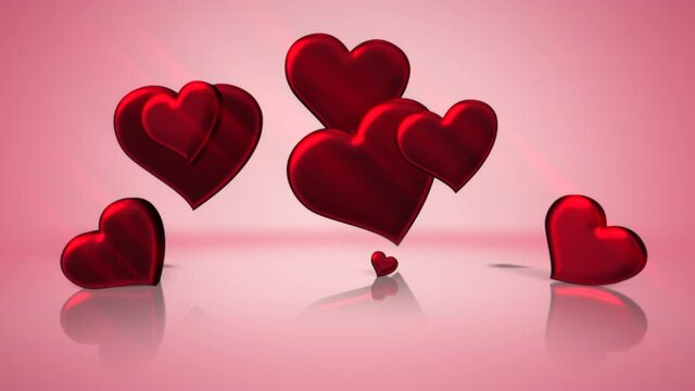 Fly red hearts with light effect on pink color, motion holidays, romantic and Valentines style background