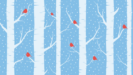 Blue Background: winter forest, birds and snowfall	