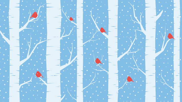 Blue Background: winter forest, birds and snowfall © Assemit