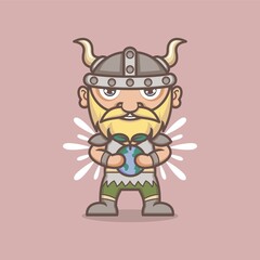 cute cartoon vikings playing together globe and plant shoots. vector illustration for mascot logo or sticker